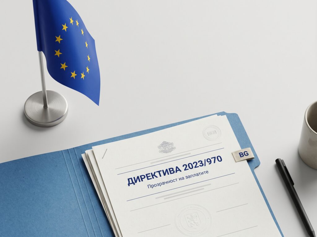 Документ с надпис Директива 2023/970 и флаг на Европейския съюз като илюстрация за прозрачност на заплащането